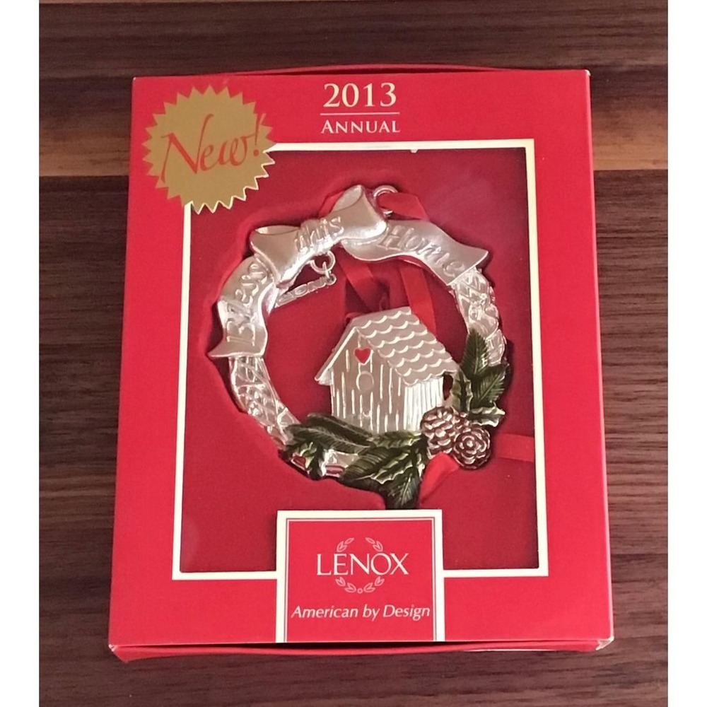 Lenox 2013 Annual Bless This Home Wreath Ornament Silver Tone Birdhouse